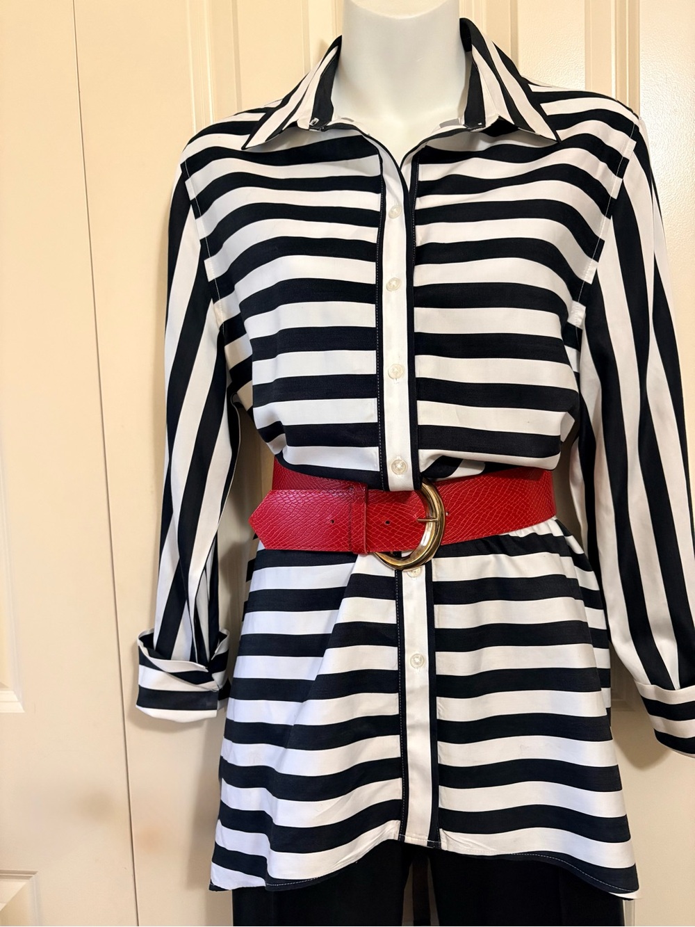 Black & White Striped Button-Up Shirt, size M, belt not included